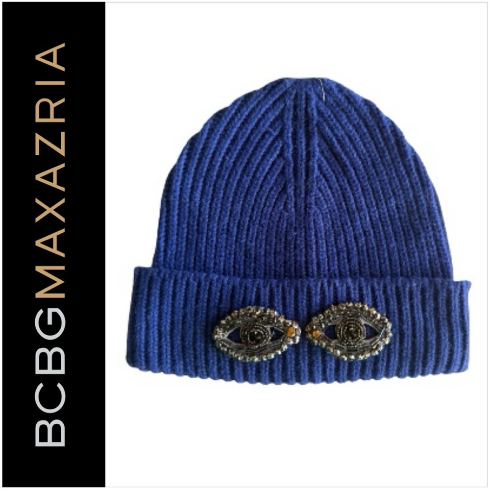 Bcbgmaxazria 80%Wool Eye See You Beanie Blue with Eye Embellishments.